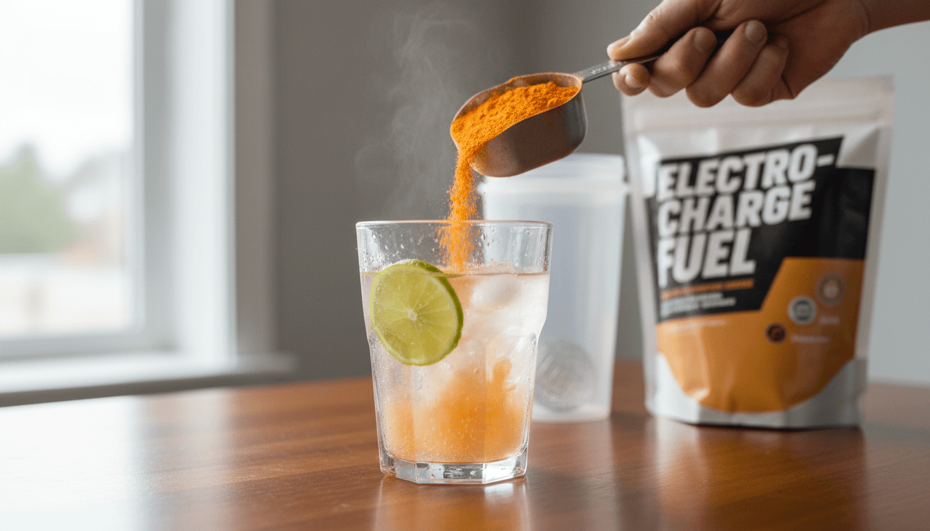 Electrolyte powder being added to a glass of water