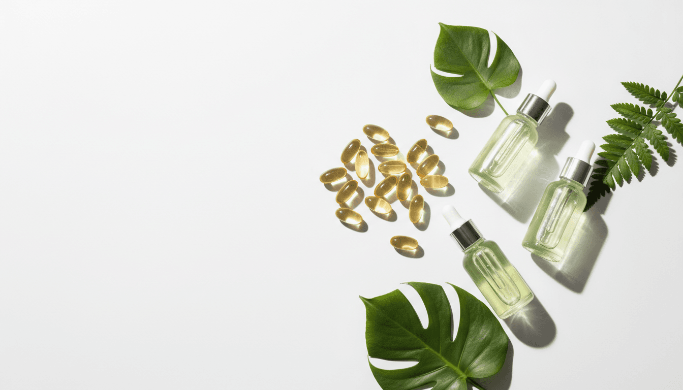 Vitamins and skincare products layered neatly on a bright white surface