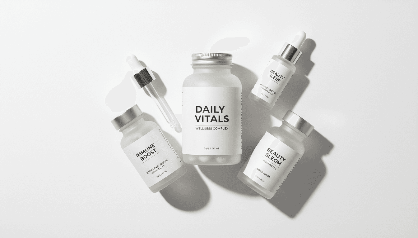 Vitamin supplement bottles and derma skincare products arranged on a clean white surface
