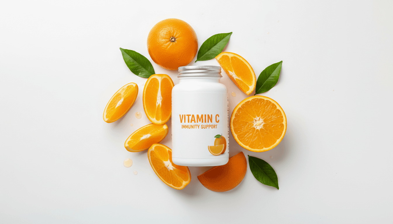 Vitamin C supplement bottle with fresh orange slices