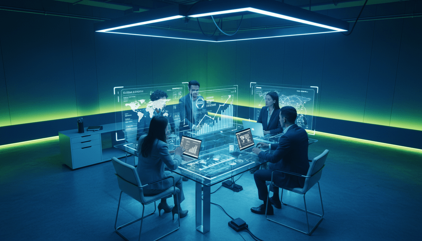 Modern startup team collaborating in a futuristic workspace with global business growth visualization