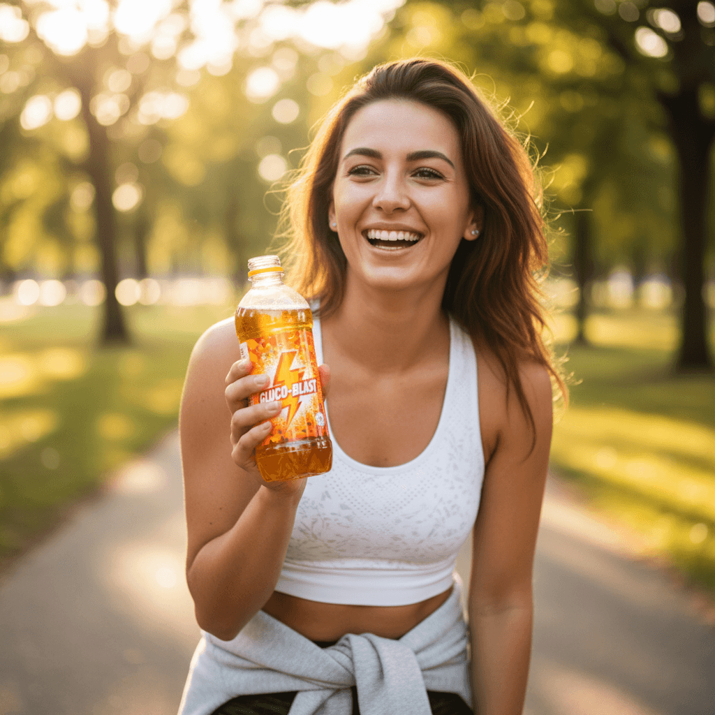 Person holding glucose energy supplement bottle outdoors