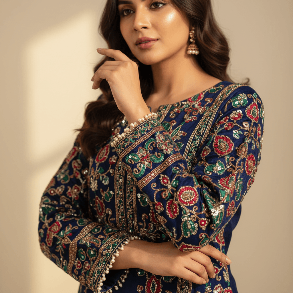Woman wearing embellished jewel-toned kurta with intricate embroidery, showcasing refined craftsmanship and elegant design details