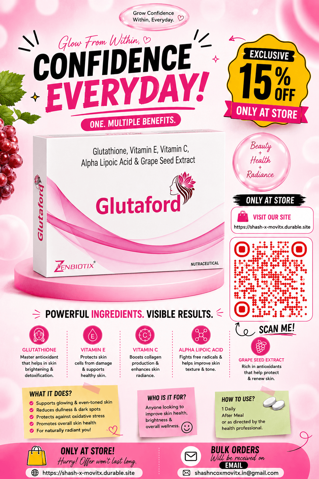 Pink promotional poster for Glutaford supplement featuring a 15% discount, ingredients, and product benefits.