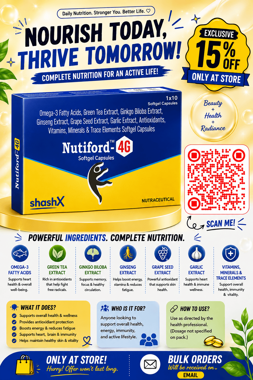 Nutiford-4G softgel capsules promotional flyer detailing ingredients, health benefits, and a 15% store discount.