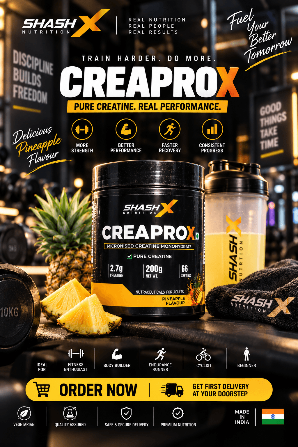 Shash Nutrition Creaprox pineapple creatine tub in a gym with fresh pineapple and shaker bottle.