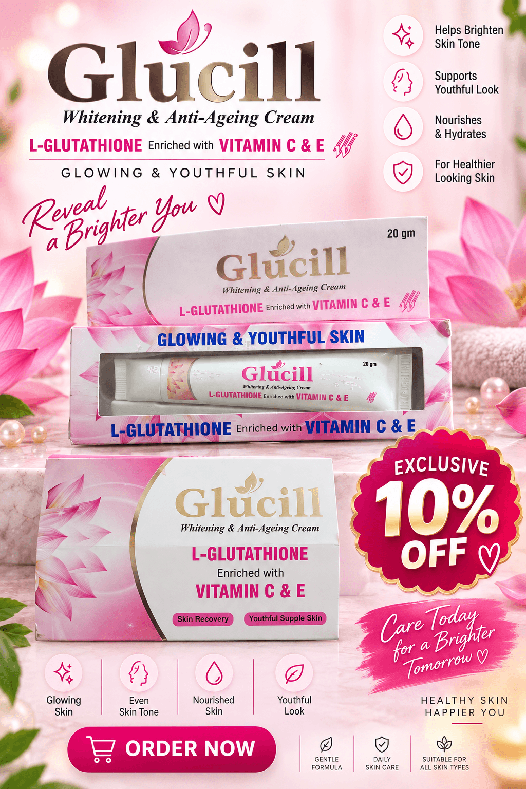 Glucill whitening and anti-ageing cream advertisement featuring pink floral packaging and a discount offer.