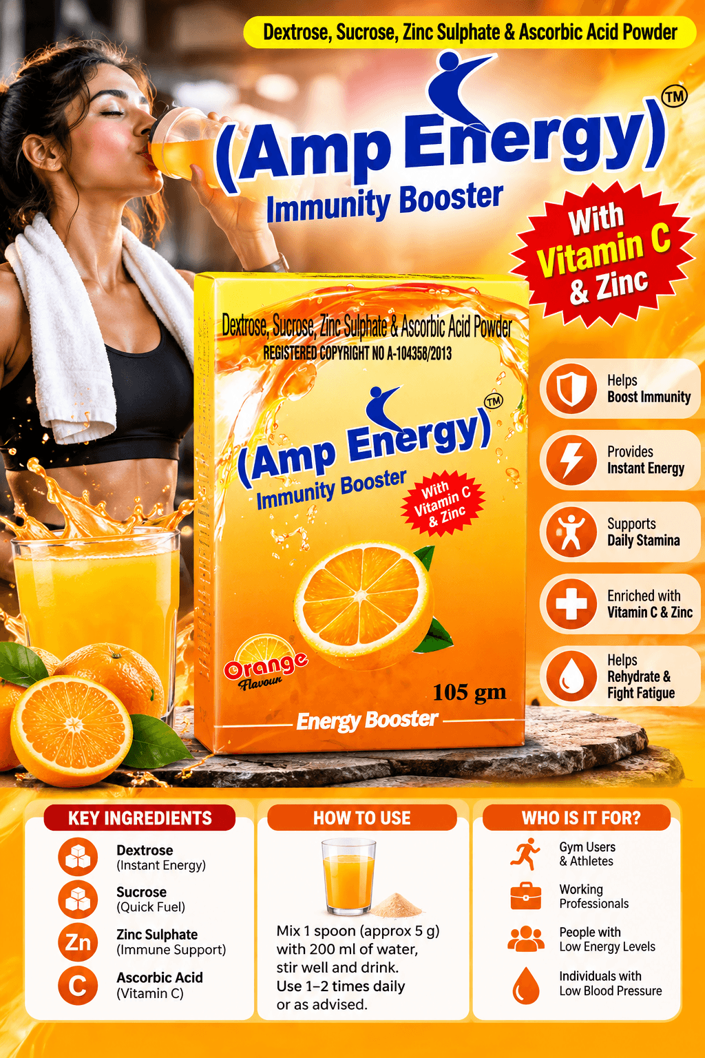 Amp Energy Immunity Booster powder box with orange flavor, a woman drinking, and health benefits.